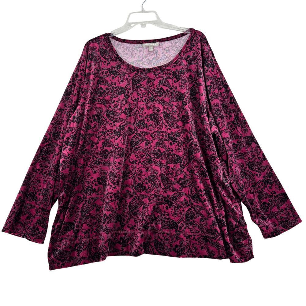 Woman Within‎ Velour Top Size 3X Fuchsia Black Stretch Long Sleeve Pullover